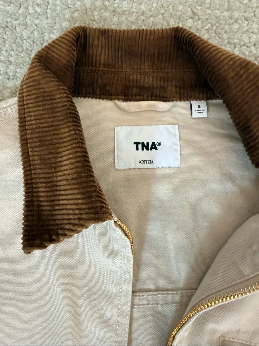 Aritzia TNA Beige Bomber Jacket with Brown Corduroy Collar - Picture 3 of 4